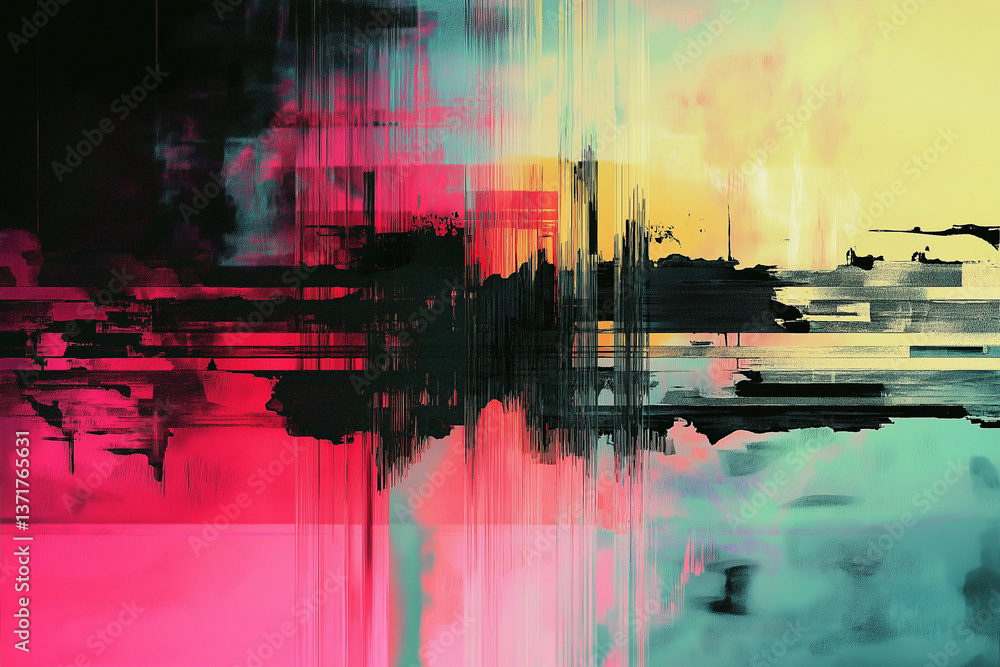 Poster glitched interruption artistic interpretation of technical difficulties screen with vibrant distorti
