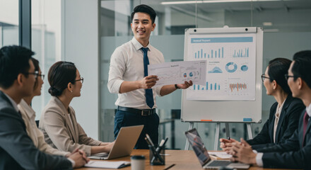 Asian businessman giving annual report presentation to team in modern meeting room, teamwork concept, corporate collaboration.