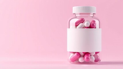 Capsules in transparent jar on pink background, space for text