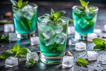 A glacier-mint iced tea, served in a frosty glass with ice formations resembling mini icebergs