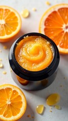 Orange body scrub in jar on white background