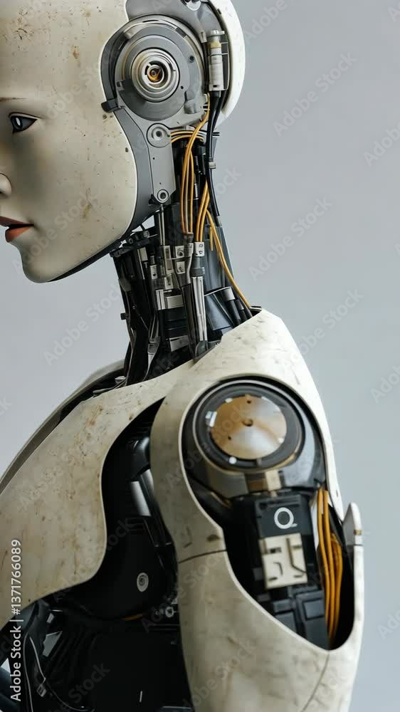 Poster detailed view of a humanoid robot showcasing intricate design and advanced technology components