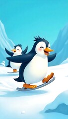 Obraz premium Generative AI Penguin Winter Wonderland: Joyful Ice Skating Adventure