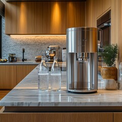 Modern Kitchen with Stainless Steel Water Dispenser and Sparkling Water Bottles