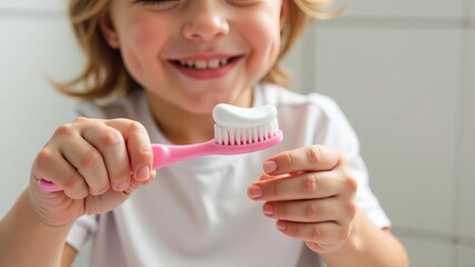 Close up of child's hands holding toothbrush on white background