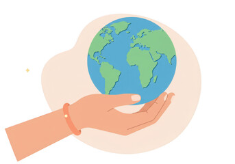 Hand holding a globe with continents in a gentle manner