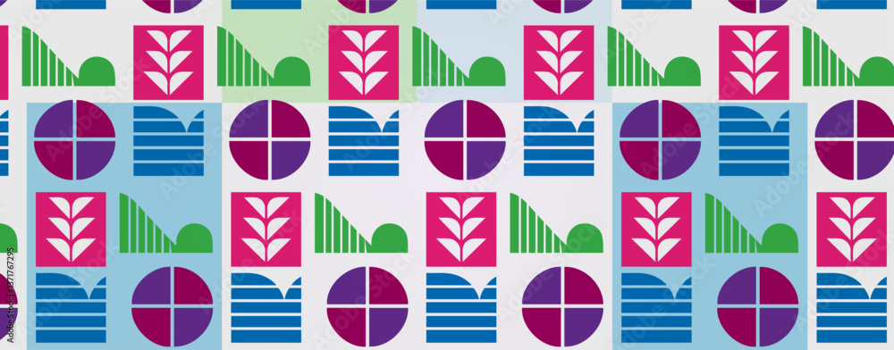 Poster vibrant and colorful geometric pattern with abstract shapes and symbols.