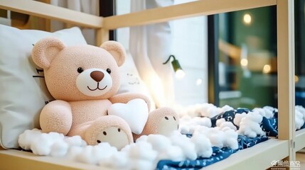 Cute Teddy Bear Holding Heart  Cozy Clouds  Soft Blanket  Nursery Decor