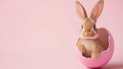 Obraz premium A cute bunny sitting inside a pink cracked Easter egg against a pastel pink background. 