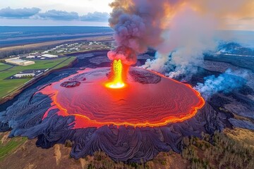 A stunning aerial view of an erupting volcano, showcasing molten lava, ash clouds, and surrounding landscapes in a vibrant display of nature's power.