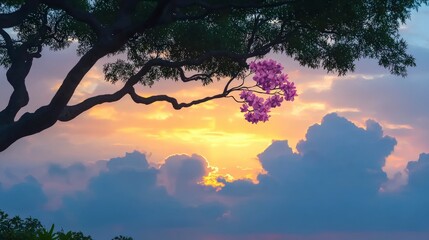 Serene Sunset  Tree Silhouette  Pink Flowers  Dreamy Cloudscape