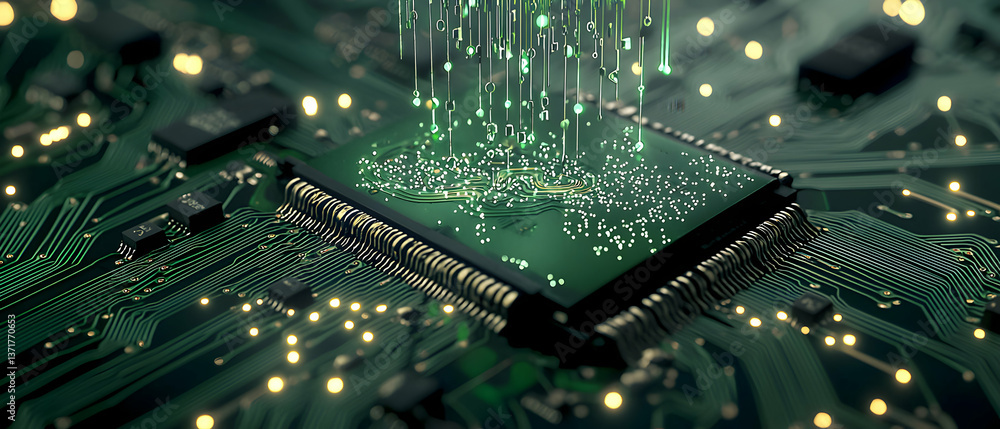 Poster green glowing circuit board with microchip and data streams