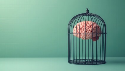 A human brain model confined within a black metal cage, symbolizing restricted thinking in a minimalist setting.