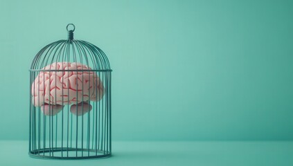 A brain encaged in a wire birdcage against a pastel teal background, symbolizing confinement and mental restrictions.