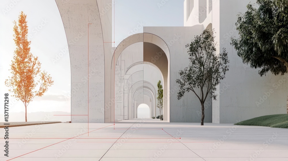 Poster modern architecture serene archway pathway trees minimalist design