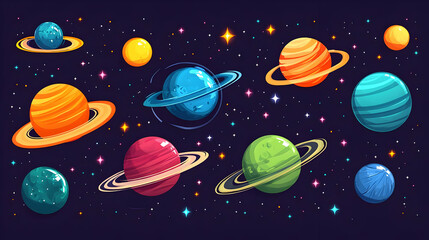 Pixelated Planets and Stars in a Cosmic Background with Retro Style Design Depicting an Outer Space Adventure