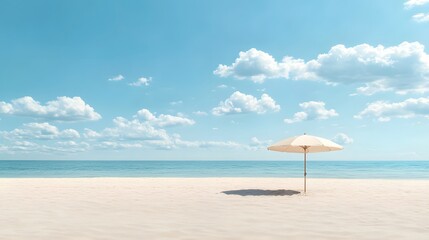 Fototapeta premium Serene Beach Scene Beach Umbrella on Sandy Shore Under Sunny Sky