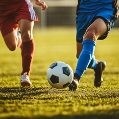 Soccer Players Dribbling Ball on Field in Competitive Game Action