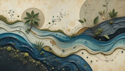 Abstract Landscape with Flowing River and Flora