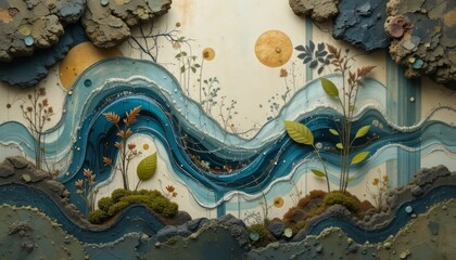 Abstract Nature Waves in Mixed Media Art