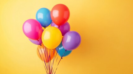 Obraz premium Colorful bunch of bright helium balloons floating against a solid pastel background with copy space for text, ideal for celebration themes, birthday invitations, and festive designs