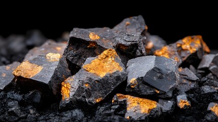 Raw black ore with gold inclusions closeup Rich mineral texture background