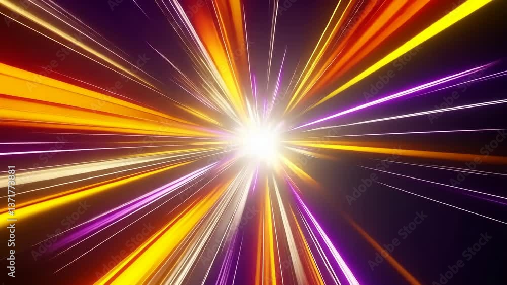Poster bright burst of light radiates in vibrant colors, creating a dynamic visual effect in a dark environ