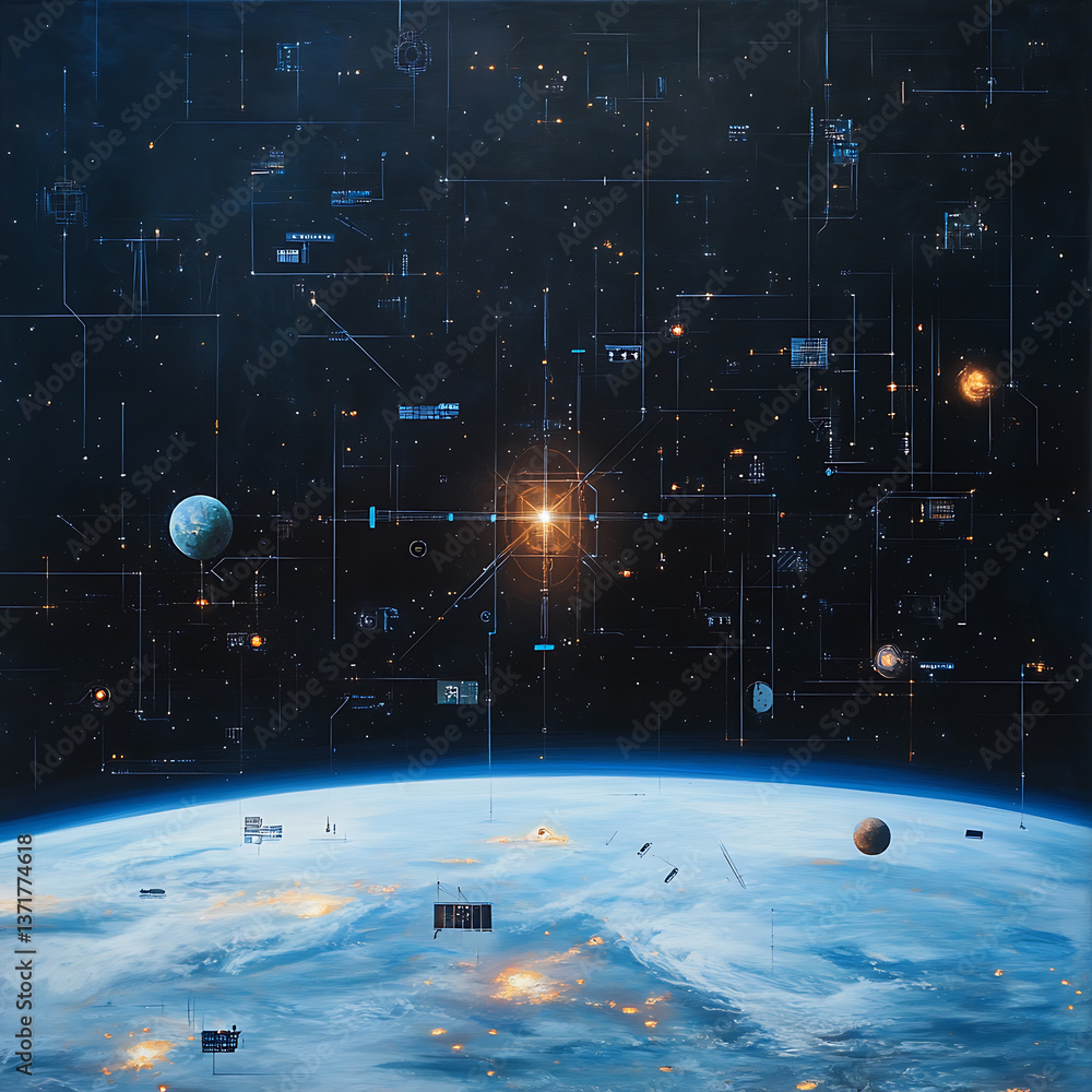 Poster exploring galactic connections a visual journey through space earth and technology