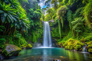 Fototapeta premium A secret waterfall deep in a rainforest, surrounded by rich green foliage