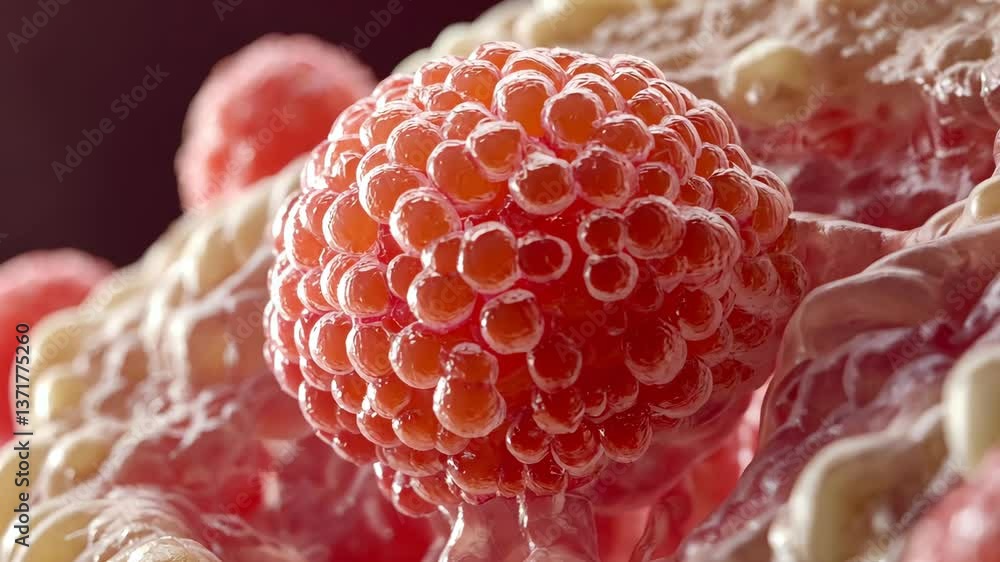 Poster close-up view of intricate cellular structures showcasing vibrant red spheres in a biological contex