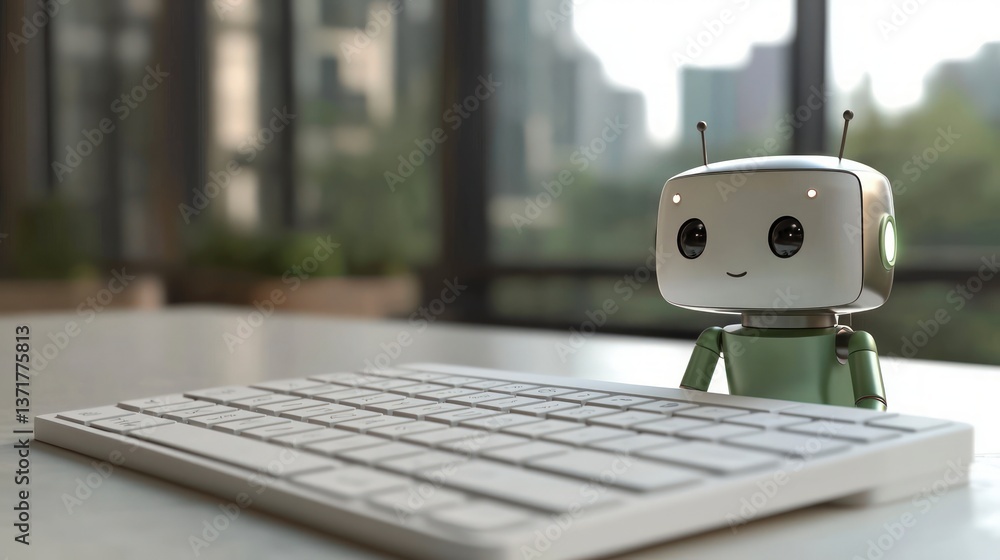 Poster cute robot typing on keyboard digital technology ai future