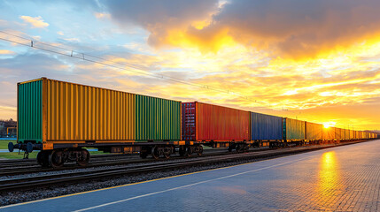 Obraz premium Vibrant Sunset over Cargo Train: Global Trade and Transportation