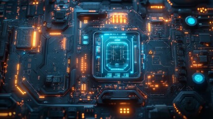 A sci-fi inspired digital interface with glowing blue circuitry, showcasing the endless possibilities of advanced electronic systems 