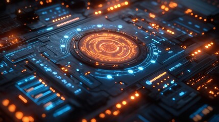 A sci-fi inspired digital interface with glowing blue circuitry, showcasing the endless possibilities of advanced electronic systems 