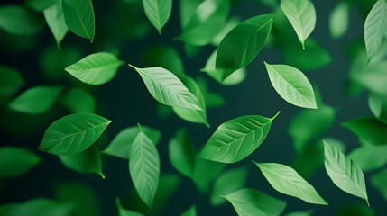Obraz premium Floating Green Leaves in Motion, Depicting Natural Wind Energy and Sustainability in a 3D