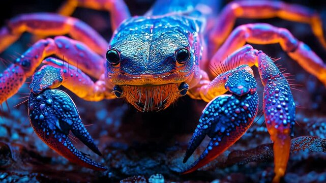 Close-up of glowing neon crab on sand