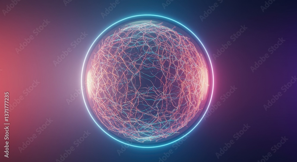 Poster abstract neon sphere glowing orb network connection digital art 3d render
