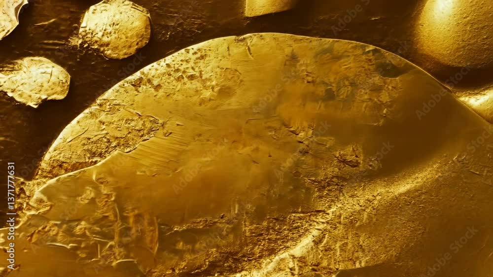 Poster close-up view of a textured gold surface showcasing intricate patterns and reflections in natural li