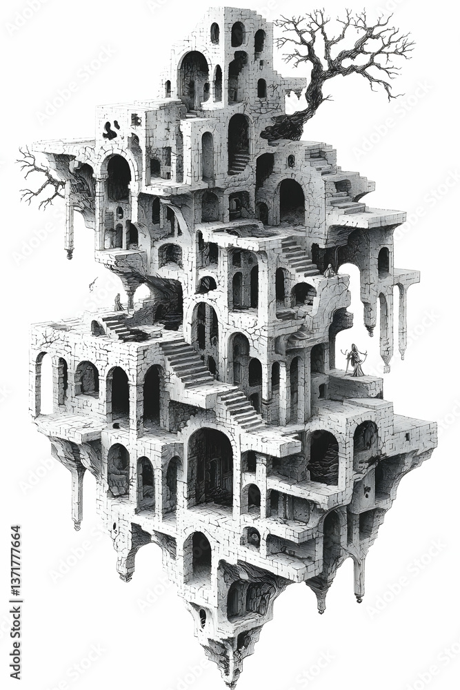 Poster intricate grayscale drawing of a complex floating stone structure