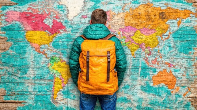 Traveler gazes at a world map. Adventure, exploration, and wanderlust concept