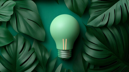 Green Light Bulb Surrounded by Lush Greenery