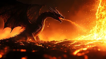 Dramatic dragon silhouette against a fiery lava landscape