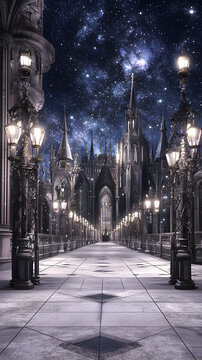 Fototapeta Gothic Castle Pathway at Night Under Starry Sky
