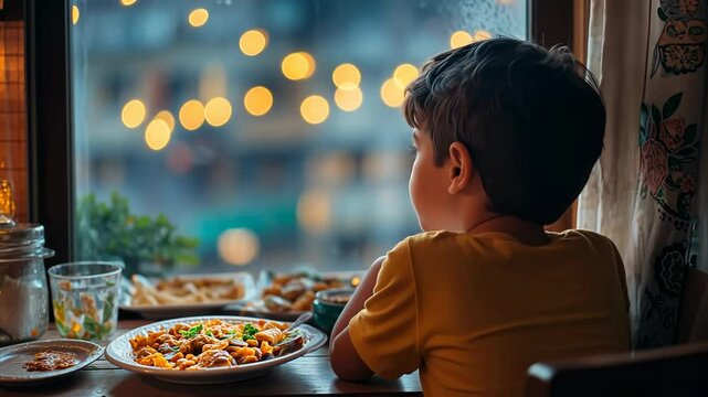 A child sits by the window, staring longingly at the bright lights outside. A plate of food rests nearby, symbolizing a moment of hope amidst a desire for adventure and connection.