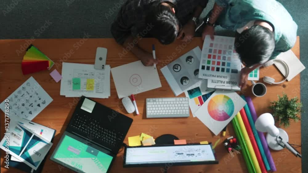 Poster top down view of smart designer helping manager choosing color from colored palettes. aerial view of