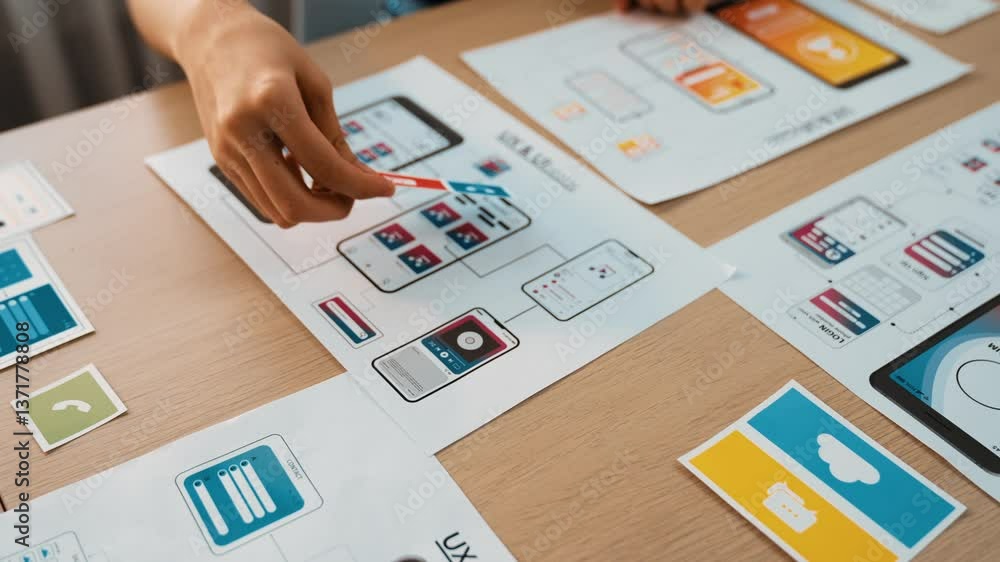 Poster panorama video of startup company employee planning on user interface prototype for mobile applicati