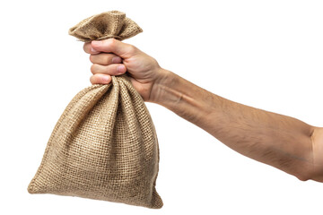 Hand Holding Burlap Sack with Coffee Beans &ndash; High-Quality PNG on Transparent Background