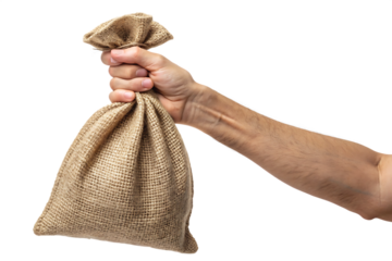 Hand Holding Burlap Sack with Coffee Beans – High-Quality PNG on Transparent Background