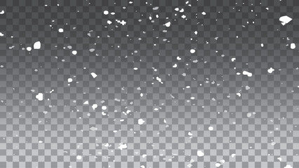 Falling snowflakes in transparent beauty, delicate and small, isolated on a clear background. Snowflake elements, snowy backdrop. Vector illustration 