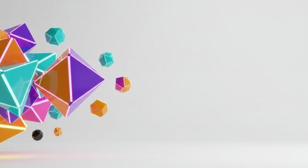 Abstract Colorful Geometric Shapes Floating in White Space: A 3D Render of Vibrant Polygons and Cubes